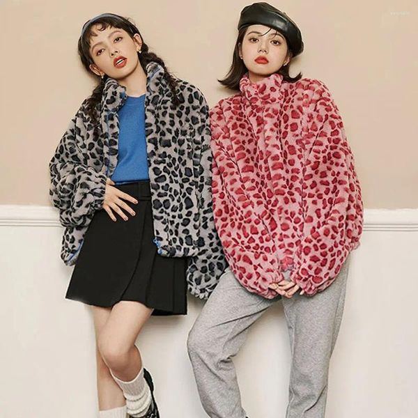 Chaquetas de mujer Abrigo de mujer Fleece Leopard Print Coreano Office Lady Moda Otoño Primavera Cuello alto completo para todo partido