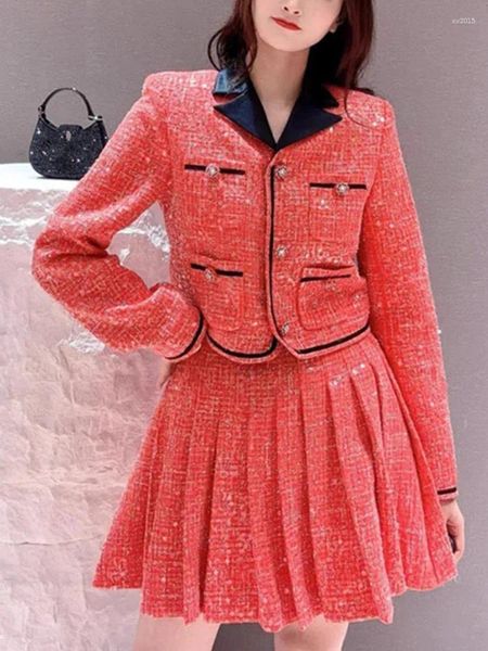 Vestes Femmes Femmes Manteau Jupe Ensemble Paillettes Tweed Simple Boutonnage Court Ou Plissé A-ligne Jupe Costume Pour Femme Printemps 2024