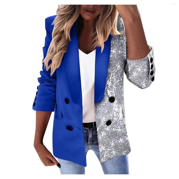 Vestes Femmes Femmes Color Block Veste Paillettes À Manches Longues Costume Manteau Élégant Poche Coupe-Vent Travail Dames Bureau Cardigan Femme Tops