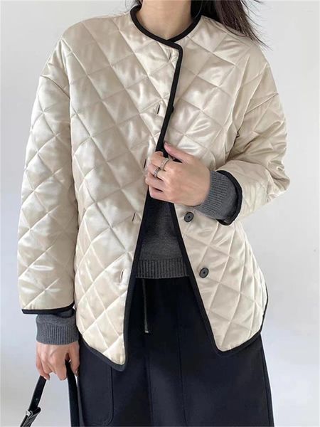 Vestes Femmes Femmes Contraste Couleur Bordure Satin Veste 2024 Rhombic Quilting Dames À Manches Longues Simple Boutonnage O-Cou Manteau Outwear