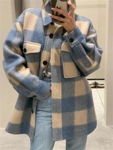 Damesjassen vrouwen contrast kleur plaid wollen jas herfst 2023 dames dalen kraag met een losse borsten lange mouw losse vintage jas met lange mouwen