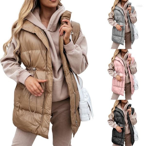 Vestes pour femmes femmes coton-rembourré automne hiver manteaux 2023 mode sans manches col montant fermeture éclair cordon taille poches latérales gilet