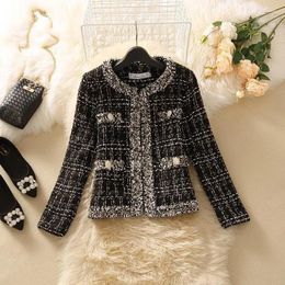 Vestes pour femmes Manteau en tweed recadré Vintage O-Neck Open Stitch Tassel Slim Plaid Jacket Korean Long Sleeve Blends Wool Outwear Tops