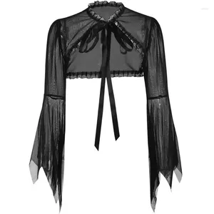 Vestes Femmes Femmes Dark Gothic Flare Sleeve Mesh T-shirt Dentelle Trim See Through Shrug Cardigan Élégant Esthétique Cover Up Crop Drop