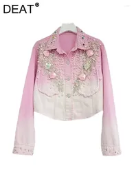 Vestes Femmes Femmes Denim Manteau Revers Dégradé Rose Perles Rose Fleurs Poche À Poitrine Simple 2024 Printemps Mode 29L1229H