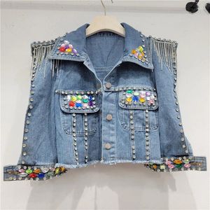 Damesjassen Dames Diamanten Ketting Kwastjes Denim Jas Bramen Steentjes Omzoomd Cowboy Bomberjack Kristal Jeans Vest Parels