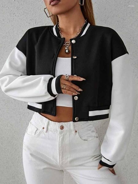 Chaquetas de mujer, chaqueta Bomber corta de dos tonos con hombros caídos para mujer, abrigo con botones, Top de manga larga, informal, básico, liso, Otoño Invierno, negro