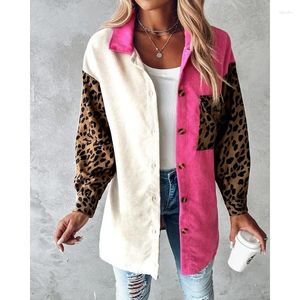 Vestes pour femmes Femmes élégantes manches longues col rabattu simple boutonnage haut Y2K vêtements chics colorblock imprimé léopard velours côtelé shacket