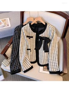 Damesjassen vrouwen elegante plaid boog tweed jas jas vintage lange mouw Frans chic bovenkleding vrouwelijk kantoor dames kleding herfst 2023