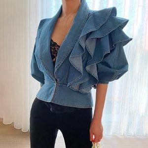 Damesjassen Women Fashion Blue Denim Jacket Korte mouw Plooped Deep V-Neck Bubble Street Top Casual elegante dameskleding