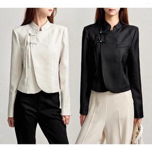 Vestes Femmes Femmes Mode Style Chinois Collier Blanc Slim Top Manteau Élégant Lady Manches Longues Simple Boutonnage Veste Noire