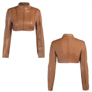 Damesjassen Women Fashion Faux Leather Leather Long Sleeve Zipper Front Crop Top Coat Clubwear Party Dames Casual Stand Collar Crashed Jacket