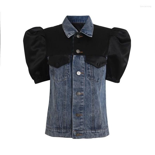 Vestes pour femmes femmes mode lâche épissé Denim veste manches bouffantes hauts courts femme été doux simple boutonnage Cowgirl