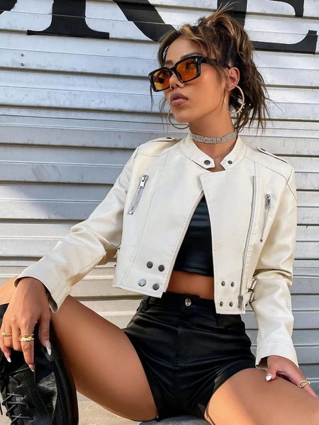 Jackets para mujeres Fashion Fashion PU Leather Moto Chaqueta Spring y Autumn Buckled Strap Detalle Detalle Solid Crop Biker Outer Sear