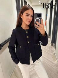 Damesjassen vrouwen mode met zakken tweed jack jas vintage lange mouw voorste knop vrouwelijke bovenkleding chique tops
