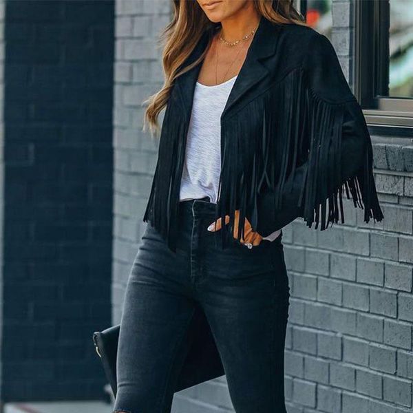 Vestes Femmes Femmes Faux Daim Fringe Veste Revers À Manches Longues Recadrée Hippie Moteur Gland Cardigan Streetwear Manteau Solide ManteauxFemmes