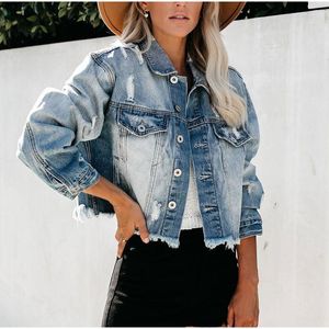 Vestes Femmes Femmes Harajuku Ripped Court Bomber Denim Vintage Y2K Manteaux à franges Streetwear Lâche Jeans en détresse Veste Plus Taille