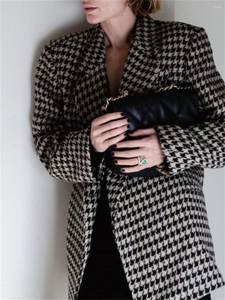 Chaquetas de mujer Mujeres Houndstooth Silueta Chaqueta de lana Otoño Invierno 2023 Damas Hombreras con muescas Doble pecho Blazer Abrigo