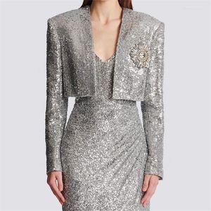 Femmes Vestes Femmes Veste 2023 D'été À La Mode Coréenne Sequin Décoration Manteau Court Grand Nom À Manches Longues Top Y2k Blazer Xnwmnz