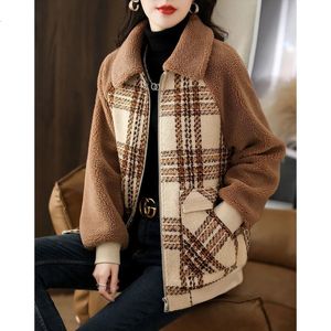 Vestes Femmes Veste Automne Hiver Vêtements de sortie d'hiver Coupe-vent Mode Lâche Français Manches longues Casual Plaid Polo Cou Patchwork Polaire Manteau 231010