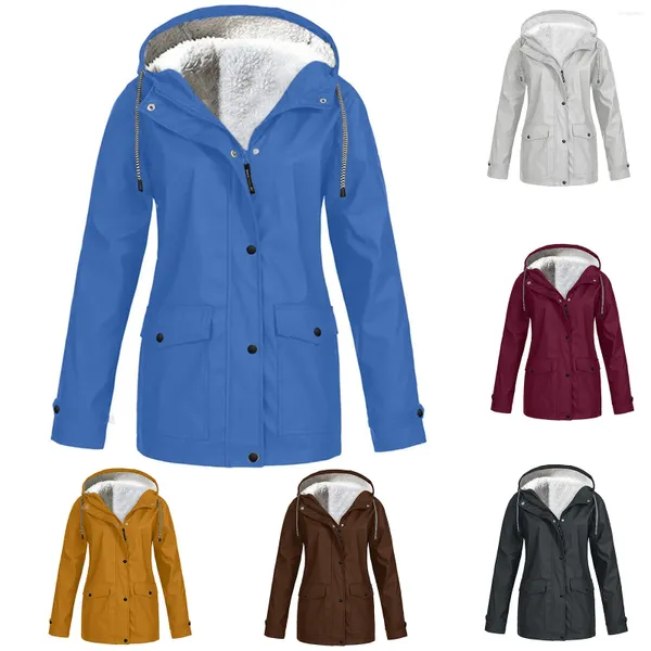 Vestes Femmes Femmes Veste Coupe-vent imperméable à capuche manteau en peluche hiver épaissir léger imperméable zip-up cordon de serrage vêtements d'extérieur