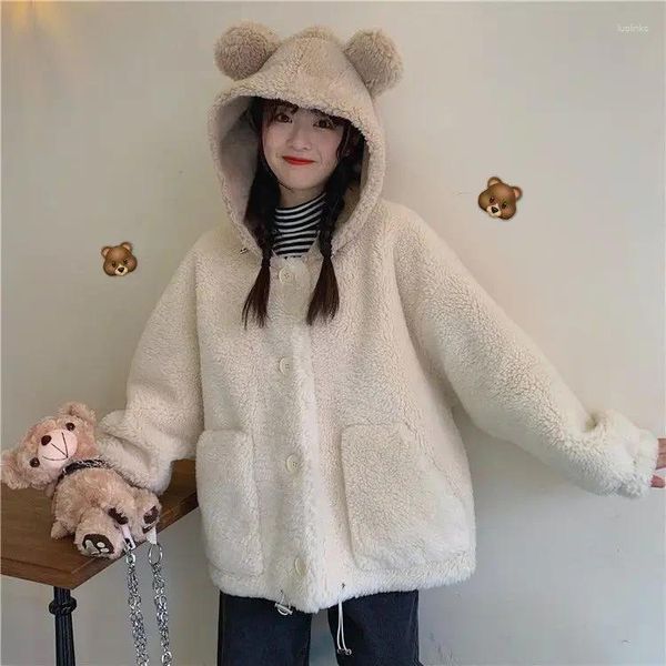 Vestes Femmes Femmes Kawaii À Capuche Hiver Coréen Doux Collège Simple Boutonnage Filles Manteaux D'extérieur Simple Doux Vêtements Féminins