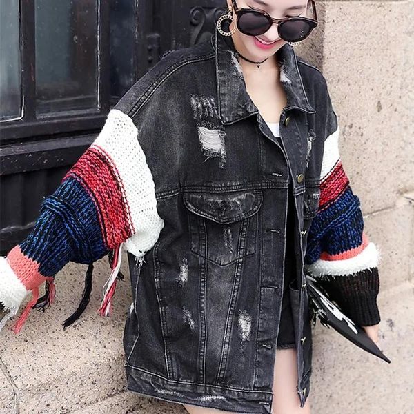 Vestes Femmes Femmes Tricoté Pull Couture Cardigan Denim Veste Femme Lâche Tops Étudiant Ripped Manteaux À Manches Longues Printemps Automne