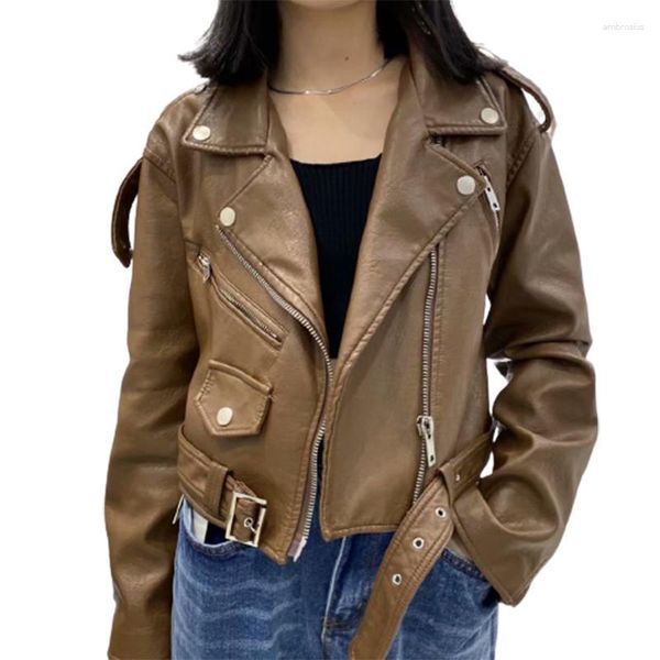 Chaquetas de mujer Abrigo de cuero para mujer Primavera Otoño Manga larga con cinturón Chaqueta gótica falsa Mujer Punk Outwear Ladies Biker Moto