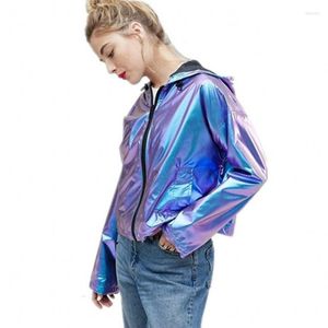 Vestes pour femmes Femmes Métallique Imperméable Lâche À Capuche Grande Taille Mode Casual Bleu Brillant Réfléchissant Veste XXL Printemps Filles Manteau