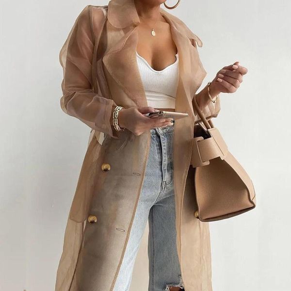 Chaquetas de mujer Mujeres Organza Ver a través de protector solar Manga larga Trench Verano Otoño Moda Abrigo de doble botonadura con tops con cinturón Outwear