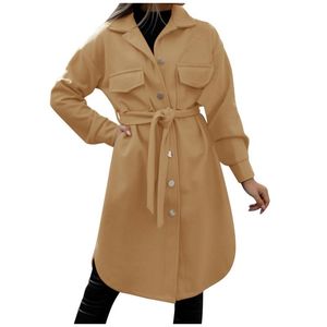 Damesjassen Dames Peacoat Trenchcoat Casual Mid Long Overjas Revers Open Front Cardigan Uitloper Wollen Fleece Winter met riem