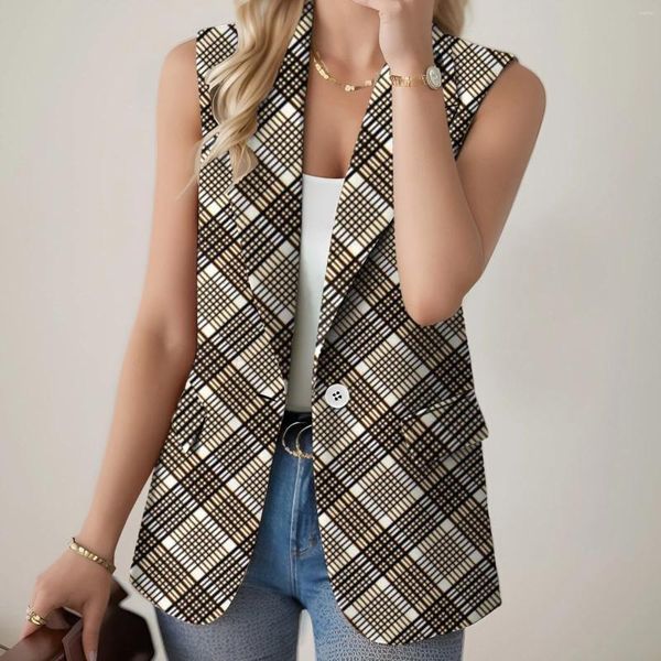 Vestes Femmes Femmes Plaid Stripe Print Blazer Gilet avec poche Rétro Elegance Sans manches V Col Costume Veste Femme Single-Buckel Gilet