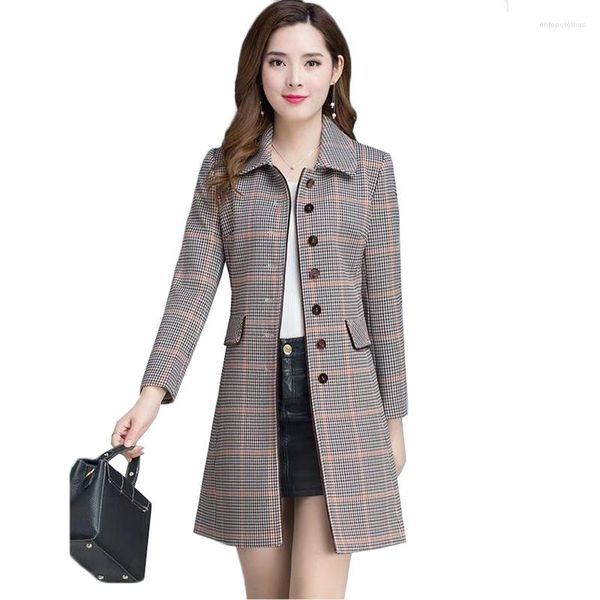 Chaquetas de mujer Abrigo de lana a cuadros para mujer, chaqueta de otoño e invierno, abrigos de lana elegantes de un solo pecho, prendas de vestir exteriores, Tops para mujer