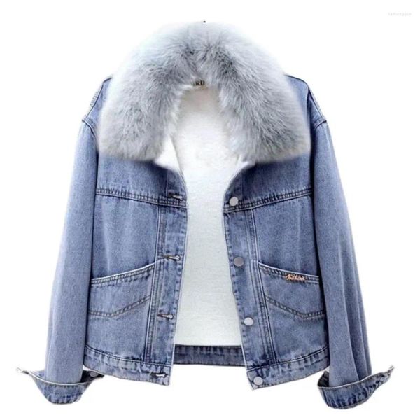 Chaquetas de mujer Mujeres Plus Terciopelo Cálido Casual Espesar Abrigos Carta Ropa de nieve Lavado Azul Vaqueras Chaquetas Cuello de piel sintética Invierno Denim