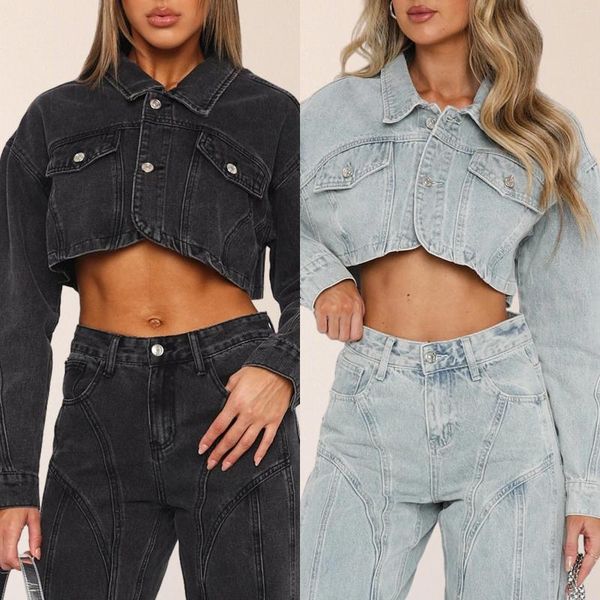 Chaquetas de mujer Chaqueta de mezclilla de bolsillo para mujer Moda de manga larga Jeans sueltos Abrigo Shacket Solapa Recortada Vintage Streetwear