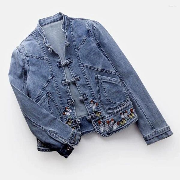 Chaquetas de mujer Mujeres Retro Denim Chaqueta Elegante Abrigo de estilo chino con bordado Slim Fit Turn-Down Collar Largo