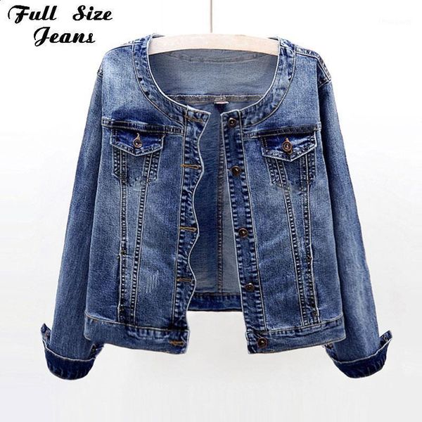 Chaquetas de mujer Mujeres Cuello redondo a juego Chaqueta de mezclilla corta 5XL Diseño de otoño Dobladillo de onda Azul oscuro Bomber Jeans Abrigo Slim Fit Outwear Jaque