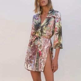 Vestes Femmes Femmes 2022 Été Vintage Sexy Boho Mode Long Cardigan Floral Imprimer Manteau Lâche Split Fourche Plage Kimono Tops