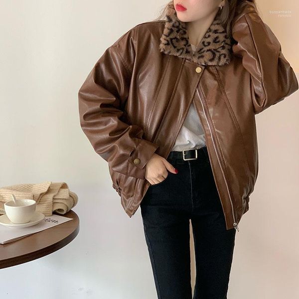 Vestes pour femmes femmes 2022 hiver haute rue mode Faux cuir veste manteau femmes col de fourrure rabattu beau Bomber femme