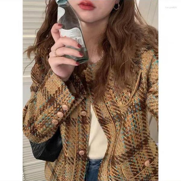 Chaquetas de mujer Otoño Vintage Tweed Chaqueta Abrigo Mujer Pequeña Fragancia Patchwork Coreano Lana Recortada Abrigos Elegante Corto