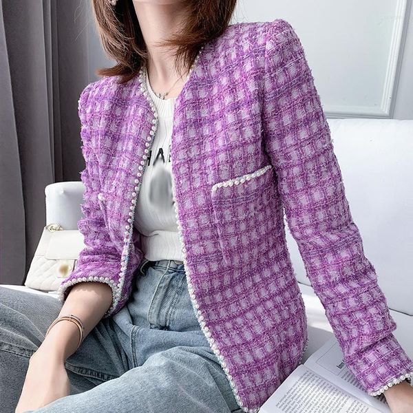 Chaquetas de mujer Otoño Invierno 2022 Mujeres Diseñador Moda Tweed Celebridad Púrpura Plaid Perlas Rebordear Abrigos cortos Y363