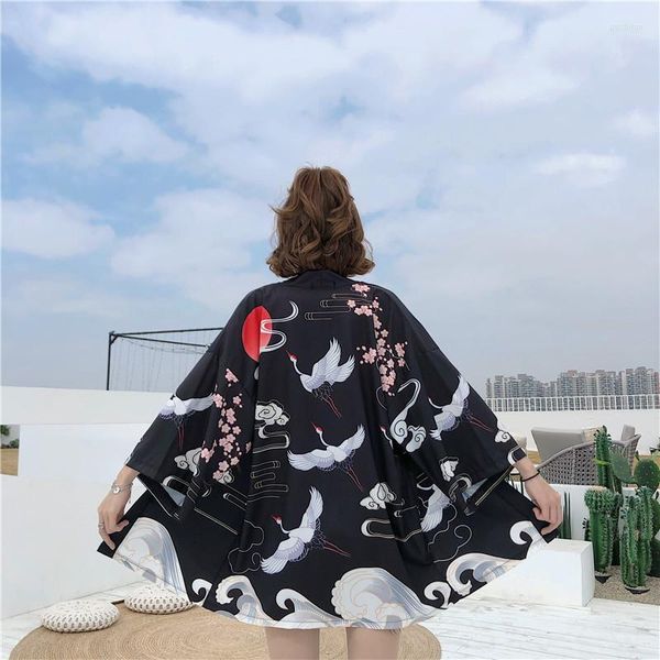 Chaquetas de mujer, cárdigan tipo Kimono con estampado negro para mujer, abrigo Obi Yukata japonés para mujer, ropa tradicional japonesa
