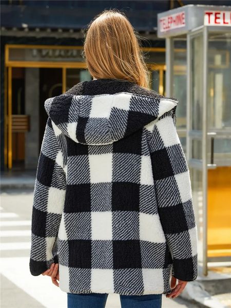 Chaquetas de mujer Abrigos con capucha informales para mujer, ropa de mujer, terciopelo de burbujas, cuadros blancos y negros, sudaderas con capucha, chaqueta de invierno gruesa y cálida, ropa de mujer 231129