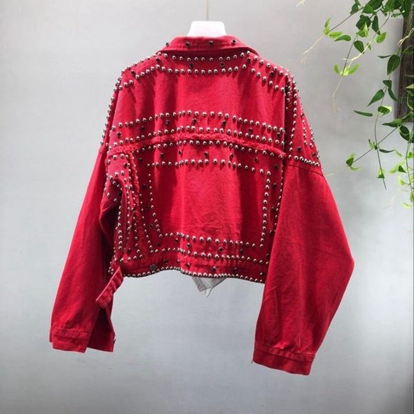 Chaquetas de mujer, chaqueta vaquera roja para mujer, abrigo vaquero corto con cuentas de diamantes y borlas para mujer, abrigo de marca de moda de otoño para mujer, abrigo suelto con solapa