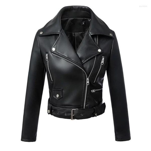 Vestes Femme Gothique Noir Veste En Cuir Femmes Outwear Ceinture Fermeture Éclair Courte Manteau Court Mode Hiver Moto Biker Punk Mince PU