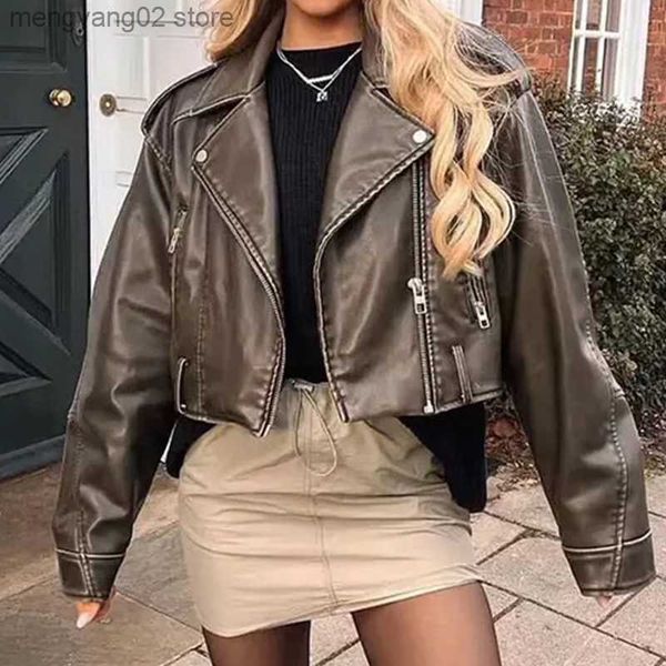 Vestes Femme Veste Femme Manteau En Cuir PU Avec Ceinture Outwear Faux Cuir Crop Top Streetwear Mode Marron Chaquetas De Cuero Mujer Traf Manteau T230724