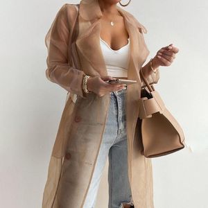 Vestes pour femmes Vestes pour femmes voir à travers les hauts d'extérieur à lacets printemps solide maille transparente à manches longues manteau boutonné avec ceinture chemises élégantes L8Q0