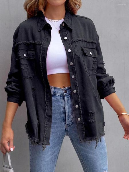 Chaquetas De Mujer Chaqueta De Mezclilla Vintage Extragrande De Mujer Con Detalles Rasgados Envejecidos - Abrigo Boyfriend Casual De Manga Larga Con Botones