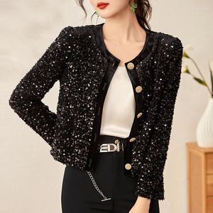 Chaquetas de mujer Chaqueta negra de lana vintage Moda Pasarela de un solo pecho Cuello redondo Lentejuelas Abrigo suelto Casual Mujer de gama alta