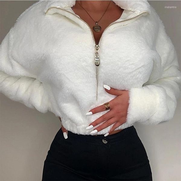 Chaquetas de mujer, abrigo corto cálido suave de felpa blanca para mujer, chaqueta ajustada informal con cuello levantado y cremallera, abrigos femeninos de moda de invierno Sexy